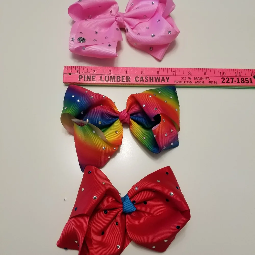 Jojo Siwa Lot of 3 Rhinestoned Bows Red Rainbow & Pink